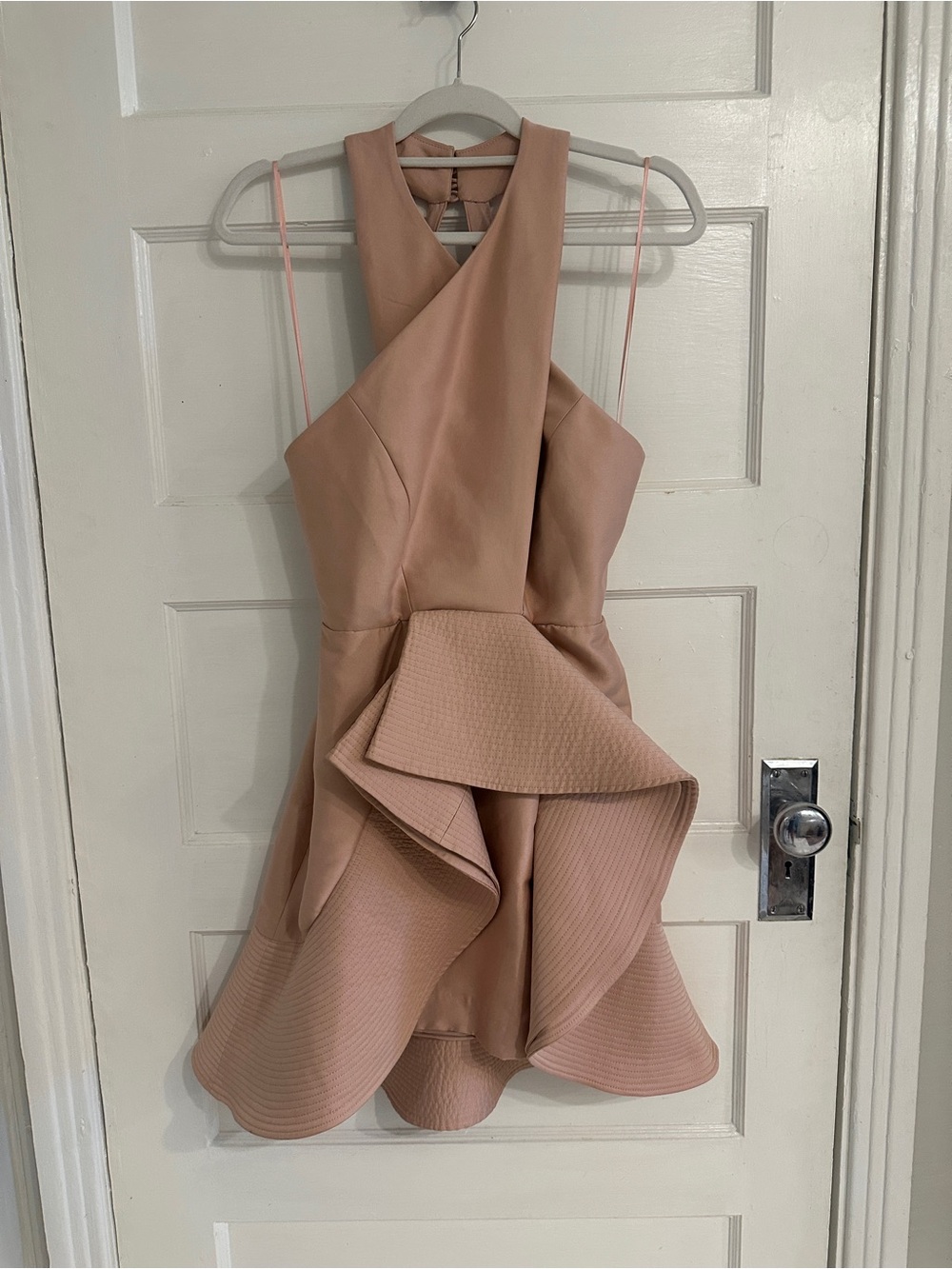 Blush Cross-Front Mini Dress with Layered Ruffle Skirt